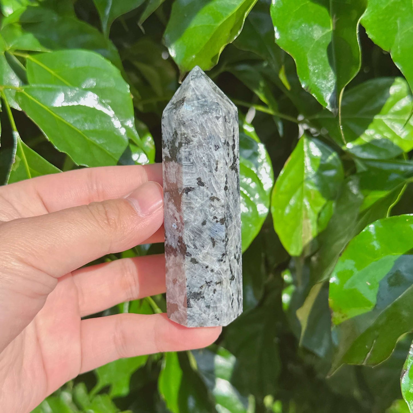 Natural Larvikite tower with smooth edges and rich color contrast, perfect for any collection.