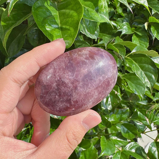 Lavender Rose Quartz Palm Stone in hand, showing its smooth, polished texture and calming lavender color. Great for healing and emotional peace.