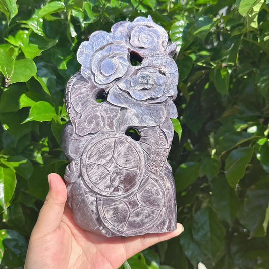 Lepidolite Dragon and Rose Sculpture with detailed carving on crystal.