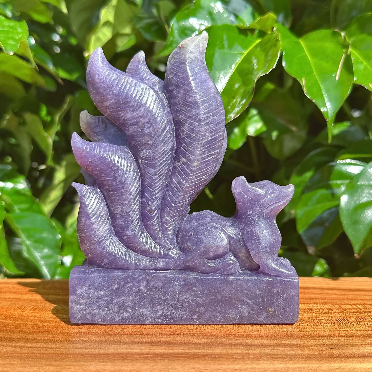 Handcrafted Lepidolite Nine-Tailed Fox Carving with vibrant crystal details.