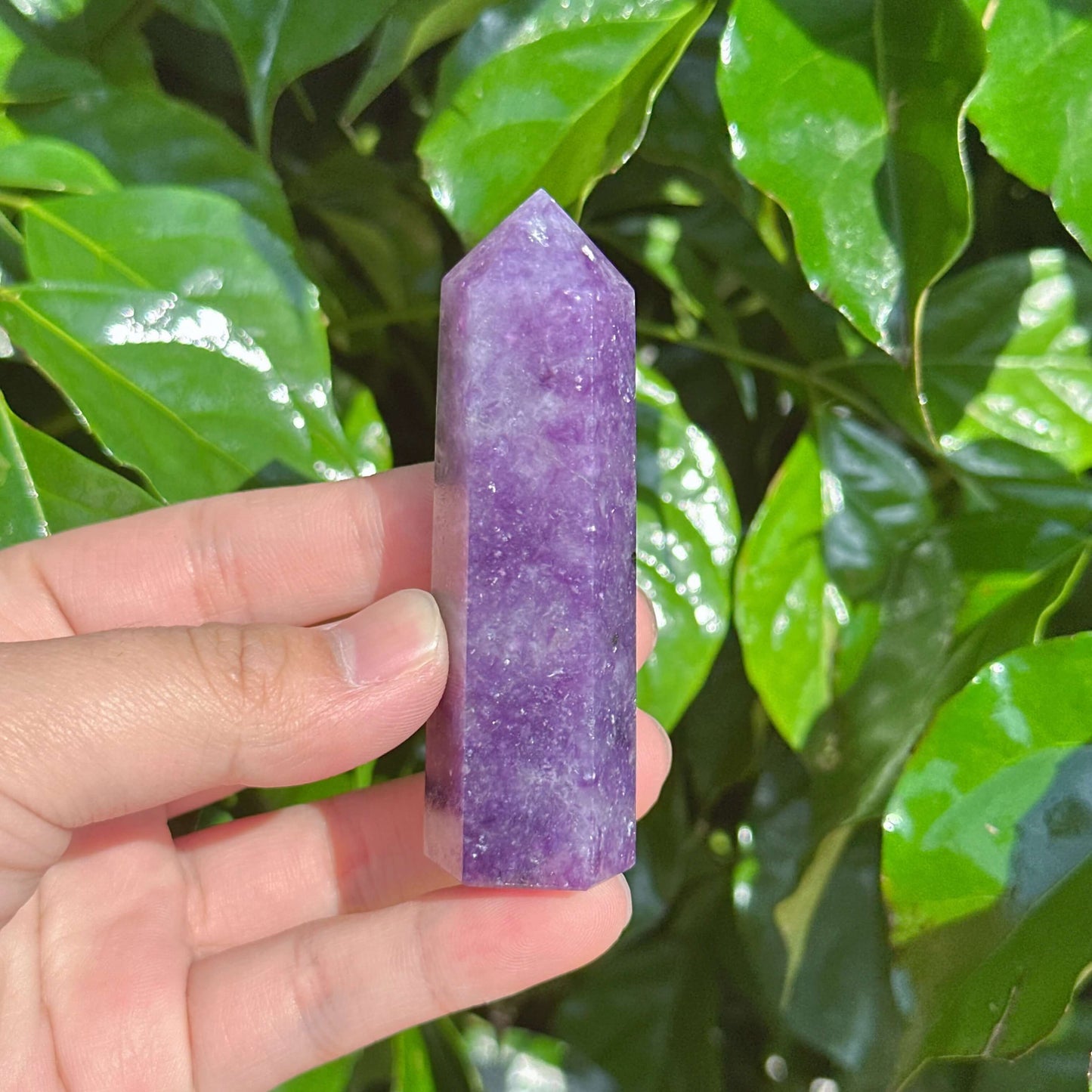 Lepidolite Tower with smooth, polished surfaces showcasing the crystal’s calming properties, ideal for emotional balance.