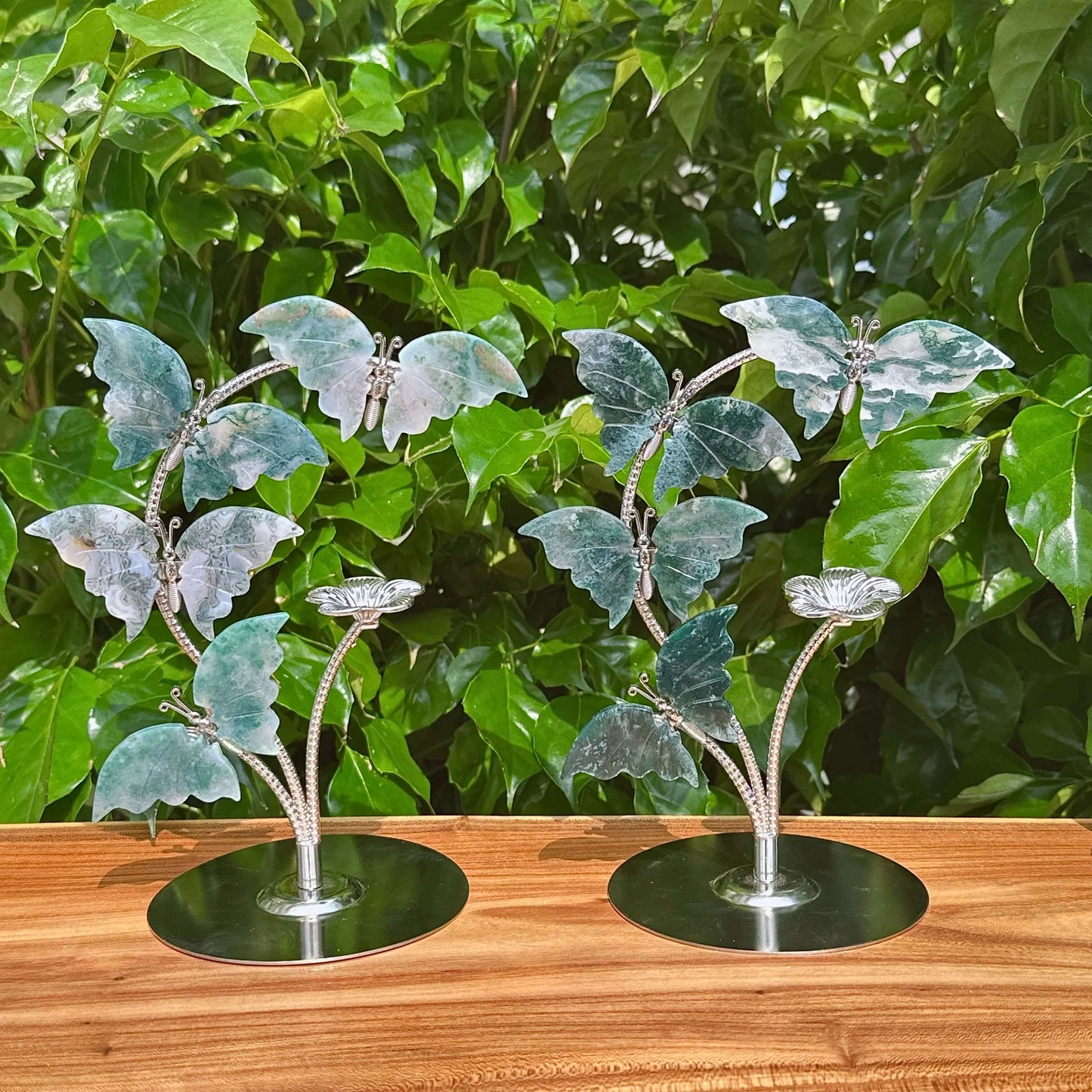 Moss Agate Butterfly Sphere Holder with intricate butterfly design and moss agate base.