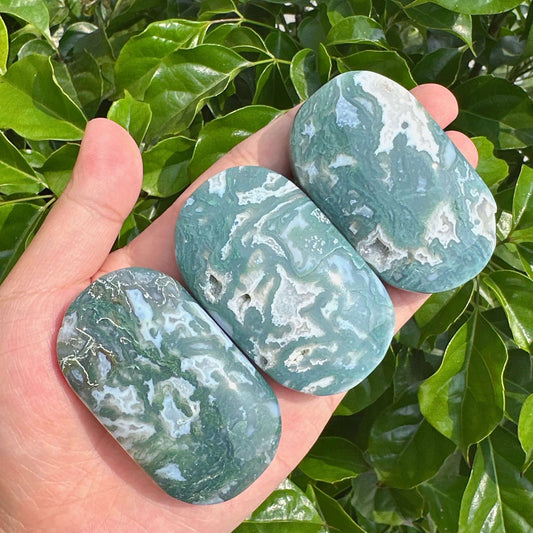 Moss Agate Palm Stone with unique green patterns, perfect for healing and decoration.