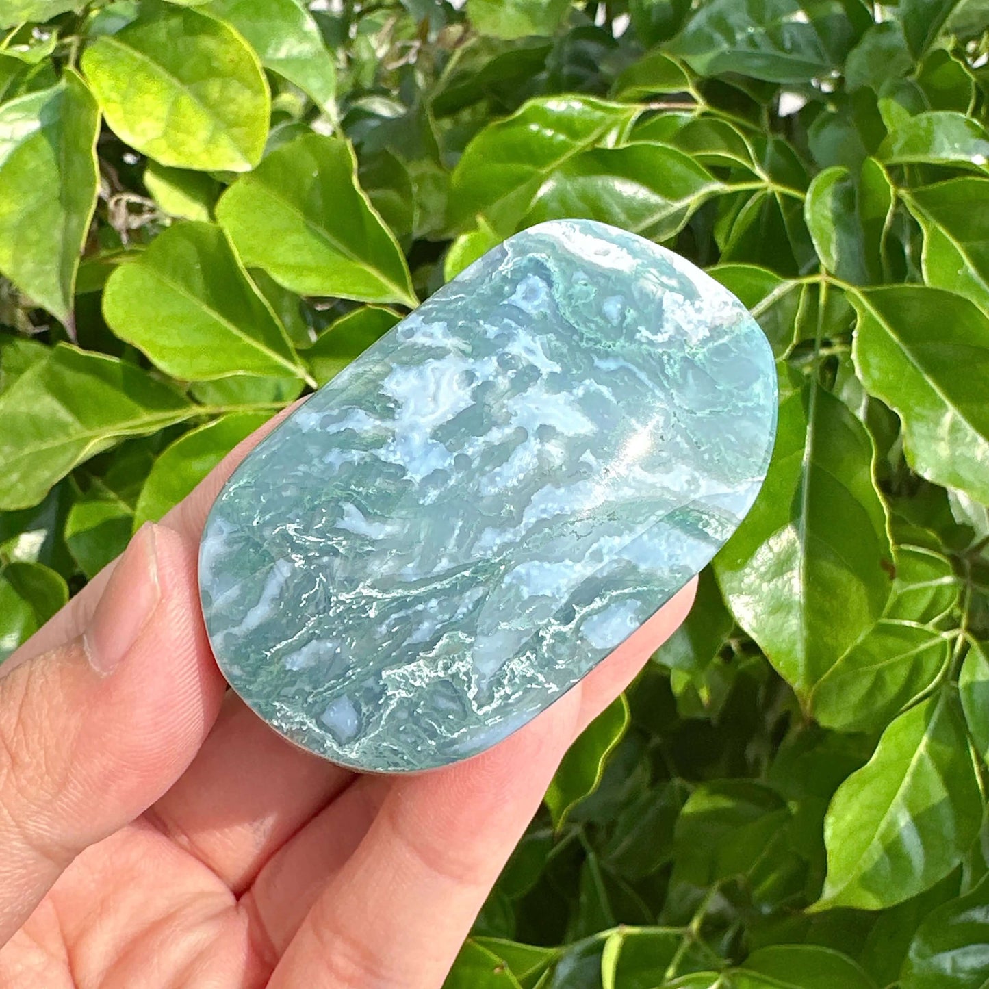 Natural Moss Agate Palm Stone featuring calming green shades, ideal for meditation.