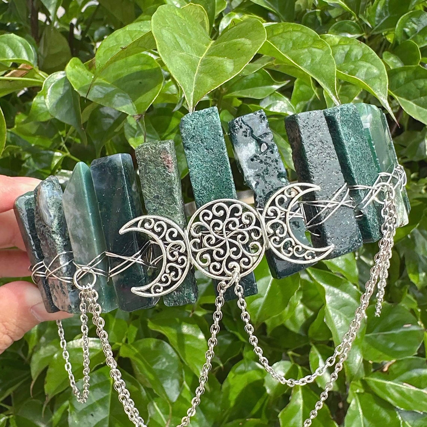 Moss Agate Crystal Wicca Crown Headband with mixed gemstones and crescent moon details
