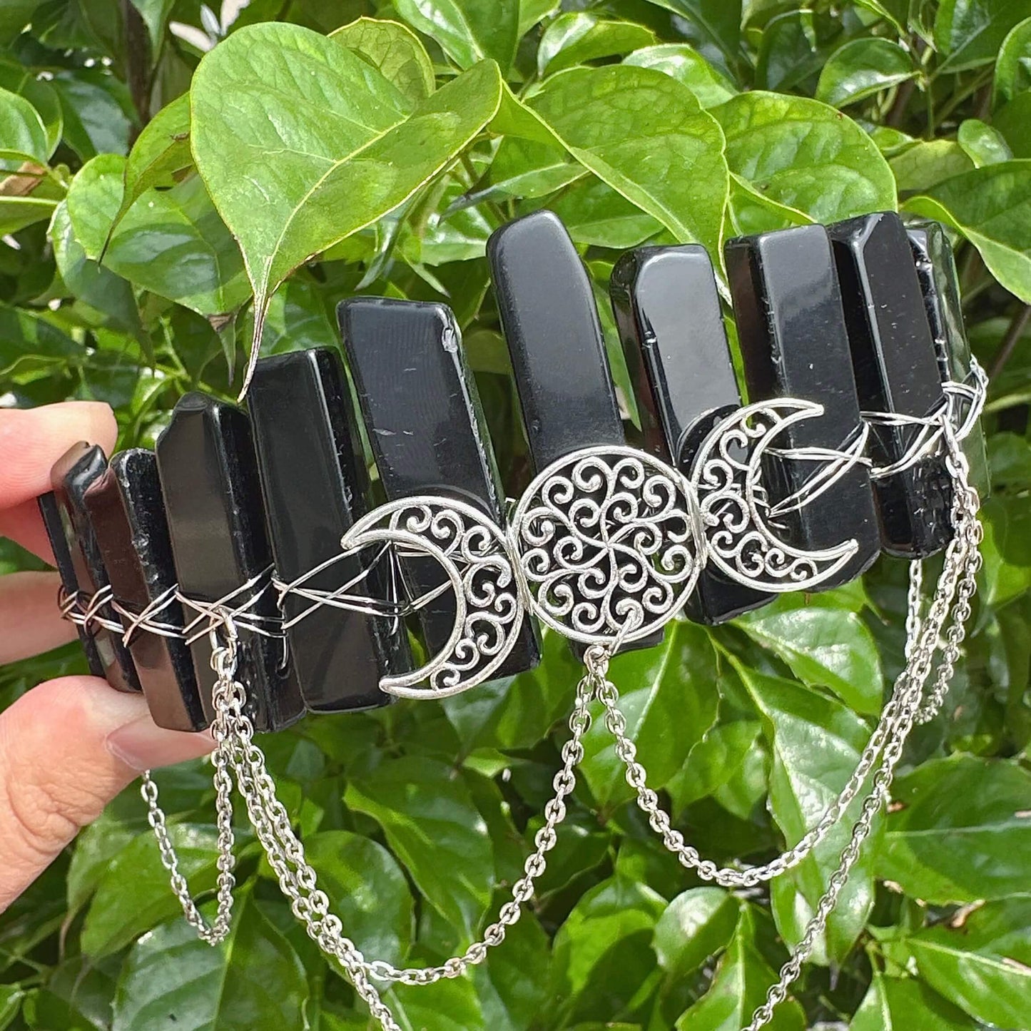 Obsidian Crystal Wicca Crown Headband with crescent moon embellishments