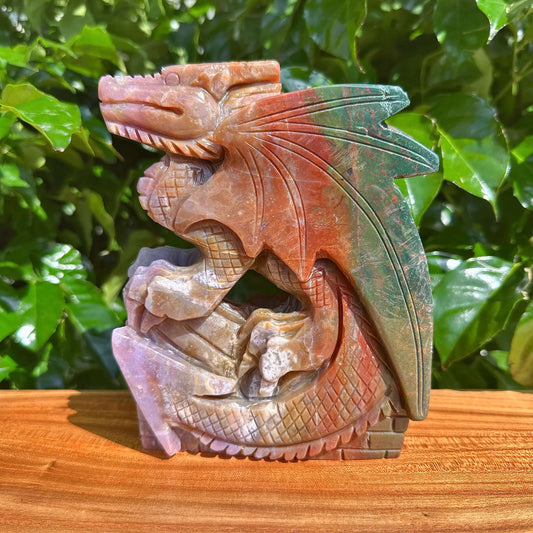 Ocean Jasper Dragon Carving showcasing detailed texture and vibrant hues.