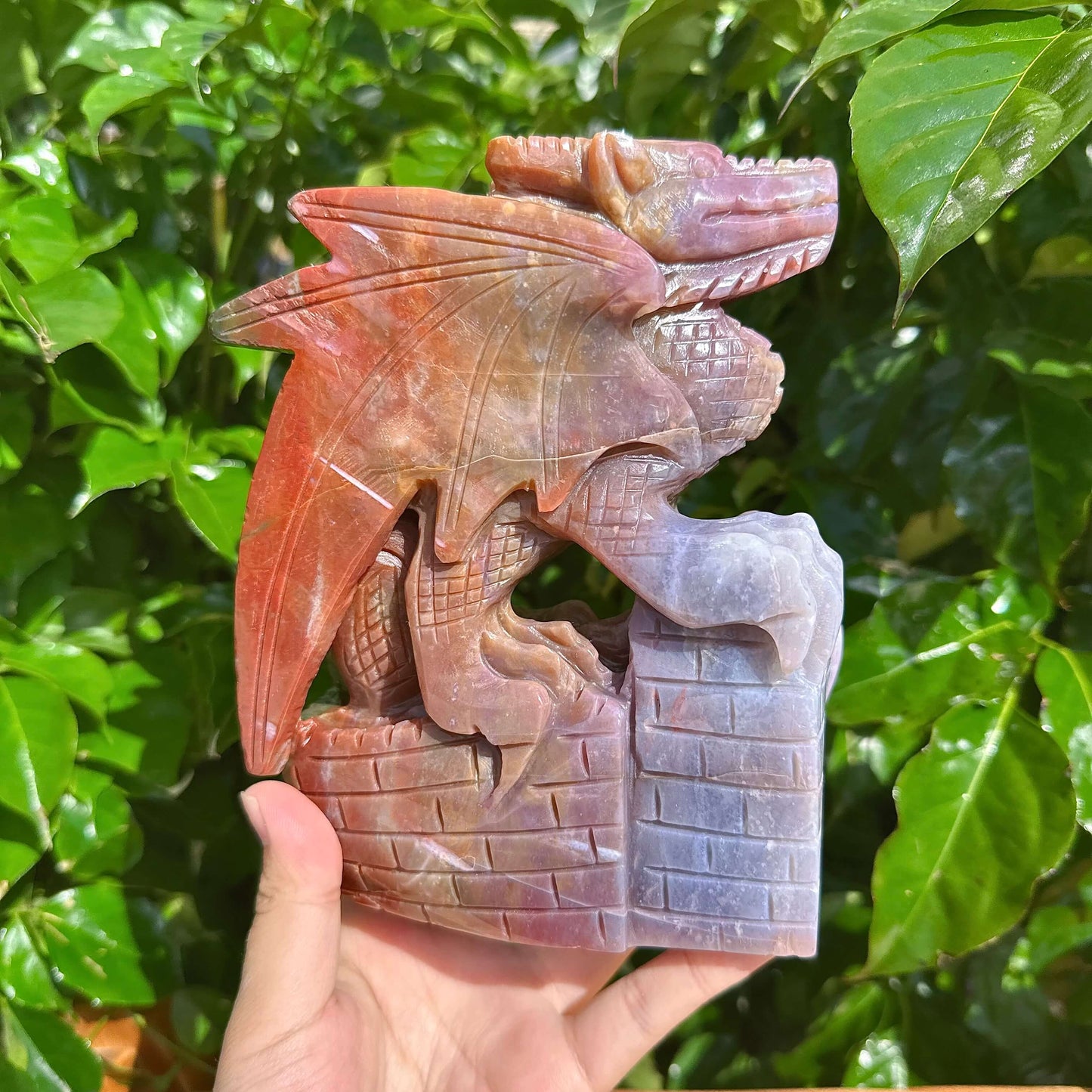 Side view of the Ocean Jasper Dragon Carving, highlighting its sculptural elegance and intricate detailing.
