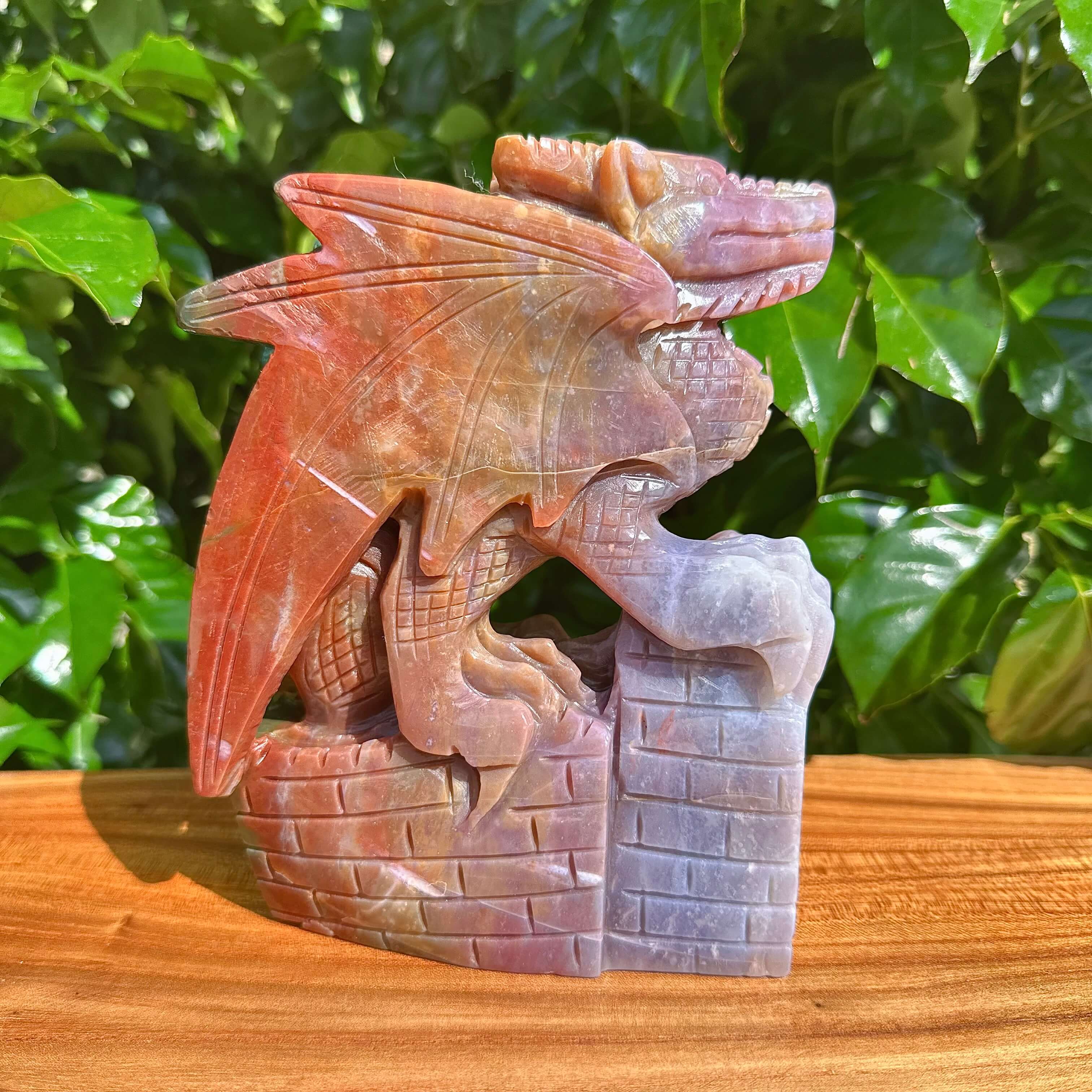 Top view of the Ocean Jasper Dragon Carving, revealing the dragon's posture and refined craftsmanship.