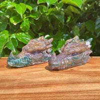 Unique Ocean Jasper Dragon Head Carving with polished finish and natural color variations.