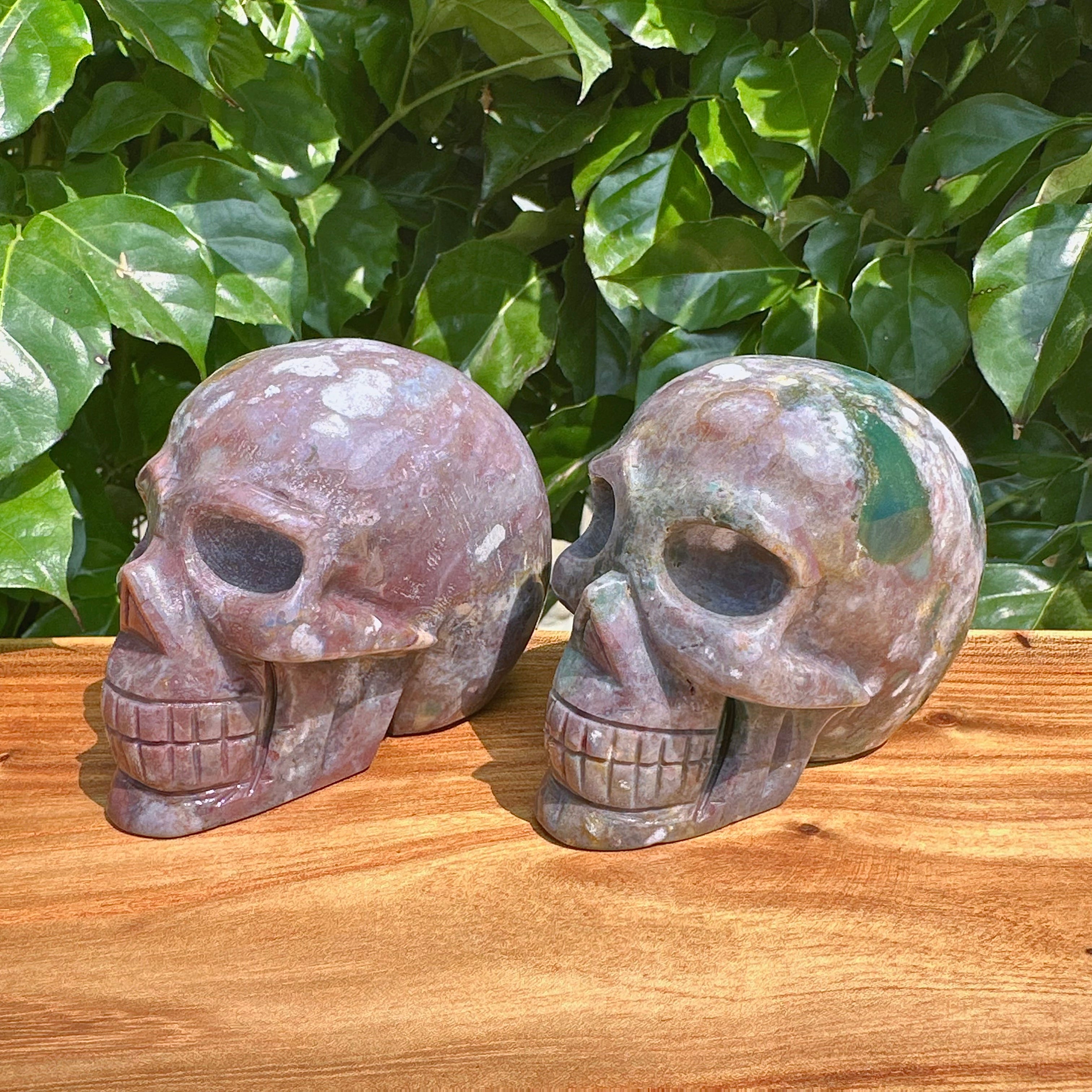 Close-up of the Ocean Jasper skull carving, revealing the fine details and polished finish of the gemstone.