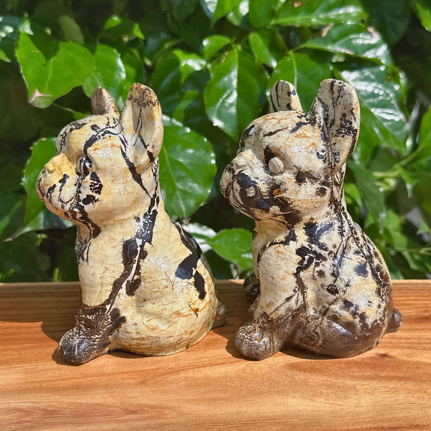 Handcrafted Picture Jasper French Bulldog carving with intricate details.