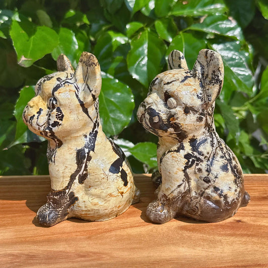 Handcrafted Picture Jasper French Bulldog carving with intricate details.