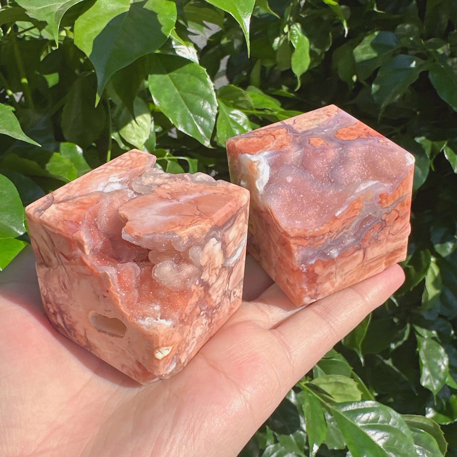 Back view of Pink Agate Cube, showcasing its smooth finish and natural agate layers.
