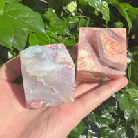 Close-up of Pink Agate Cube showing the unique pattern and texture of the agate crystal.