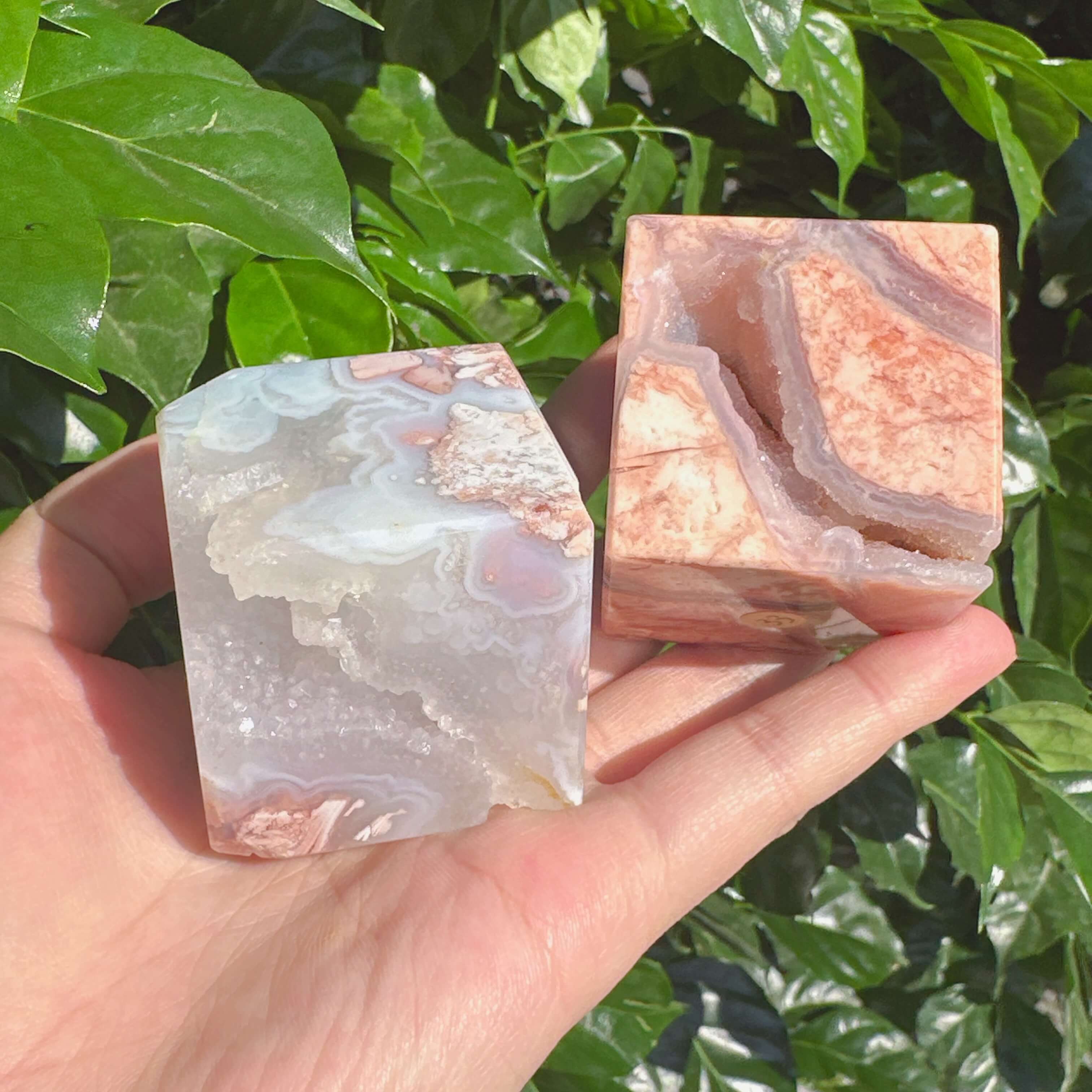 Close-up of Pink Agate Cube showing the unique pattern and texture of the agate crystal.