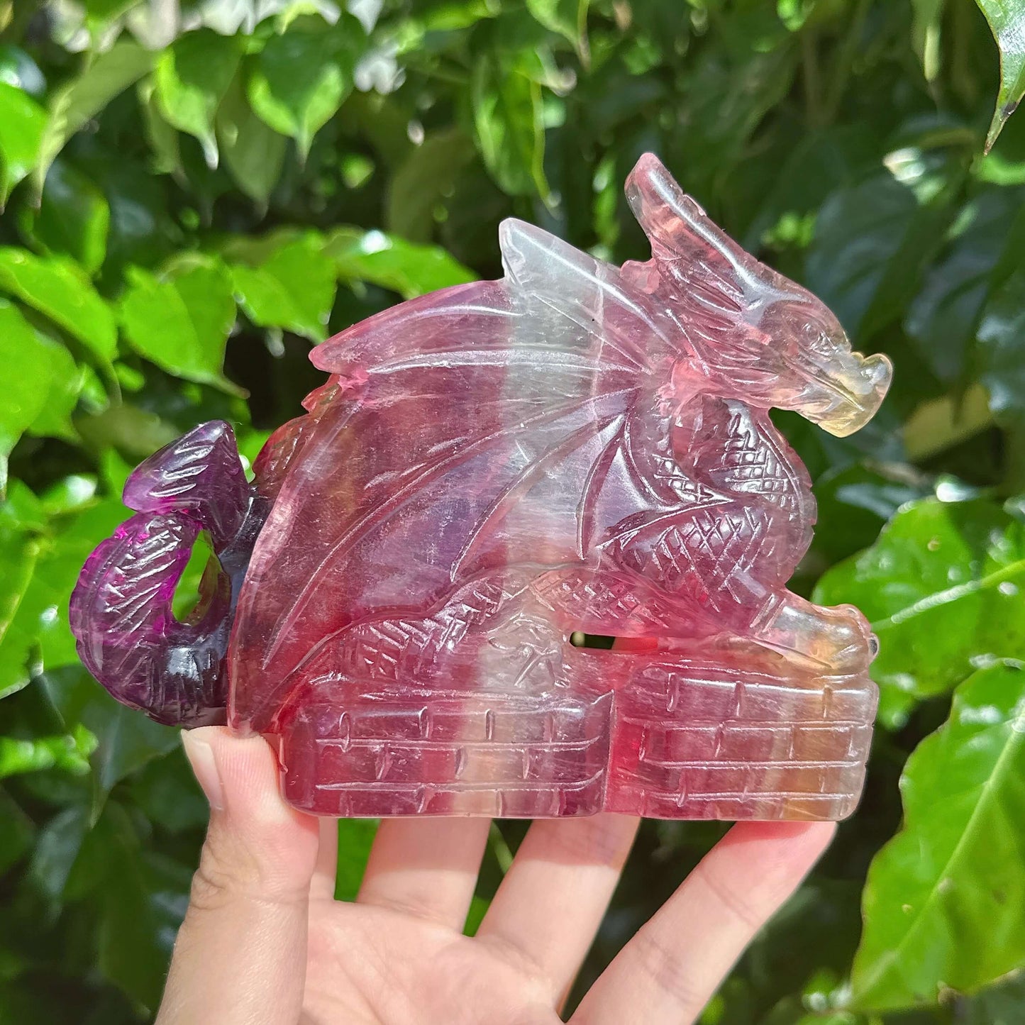 Stunning Rainbow Fluorite Dragon Carving with unique color contrasts and detailed features.