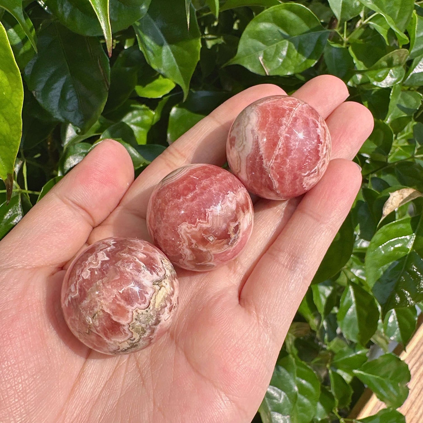 Rhodochrosite Sphere reflecting light with rich pink tones