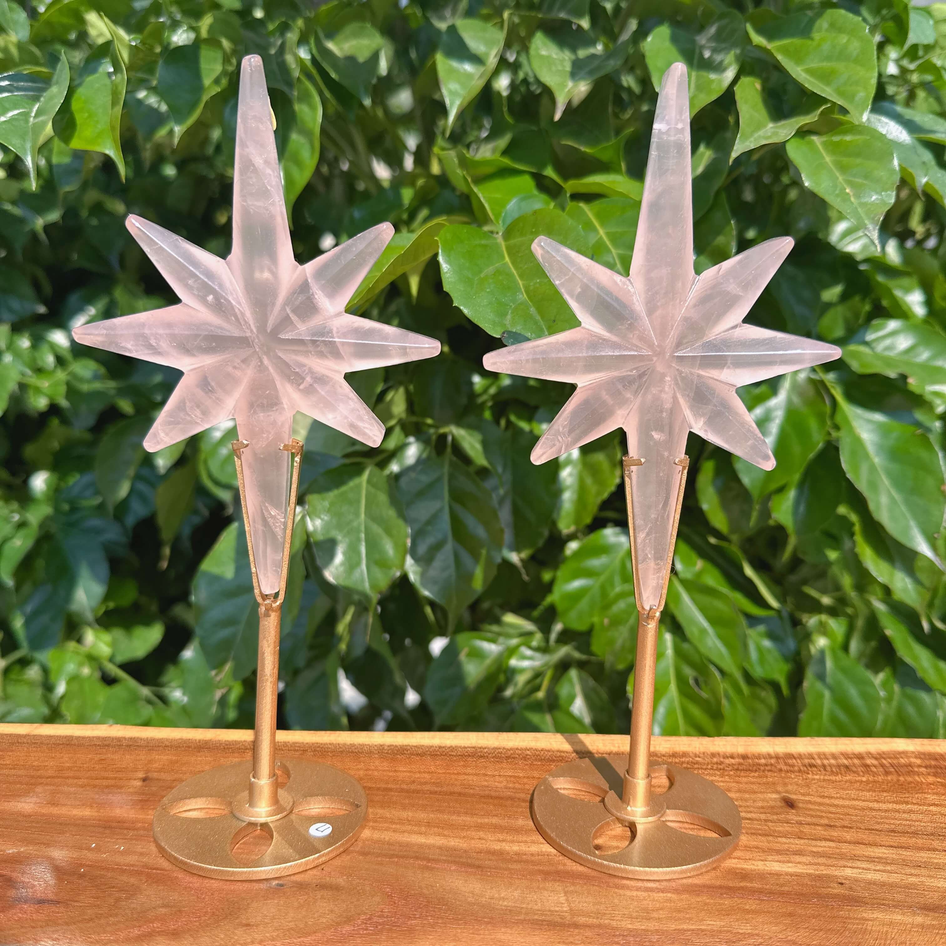 Rose Quartz Polaris star-shaped crystal placed on a gold metal holder, showcasing its elegant design.