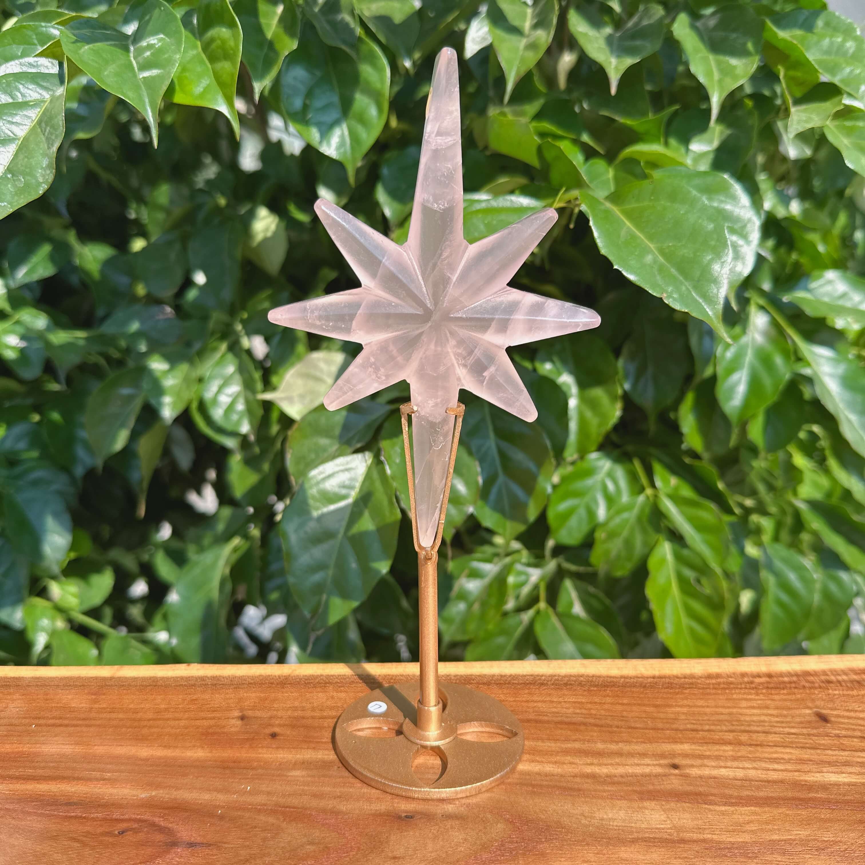 Rose Quartz Polaris star crystal displayed in gold metal stand, perfect for home decor or meditation spaces.