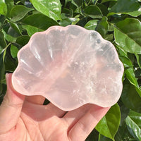 Angled view of Rose Quartz Shell Bowl, showcasing the polished edges and natural beauty of the rose quartz.