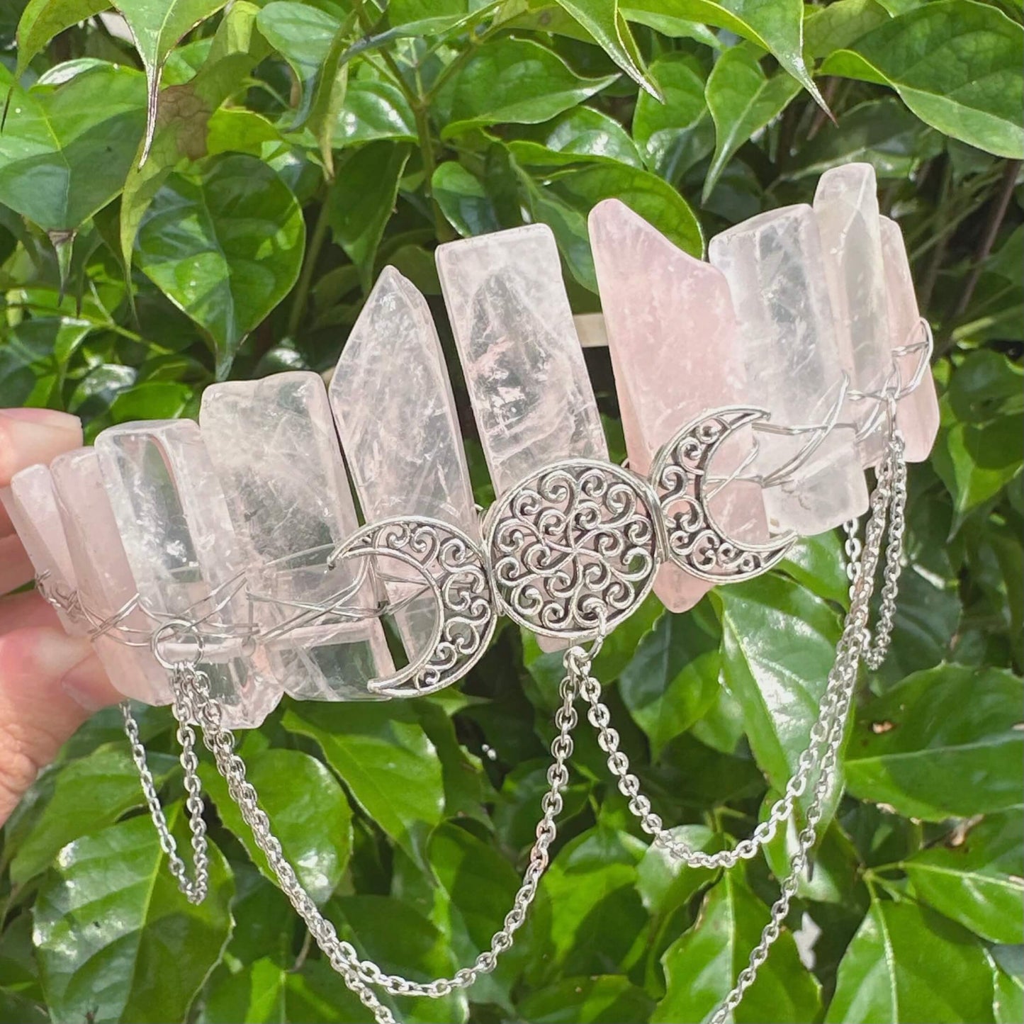 Rose Quartz Crystal Wicca Crown Headband featuring crescent moons and detailed design