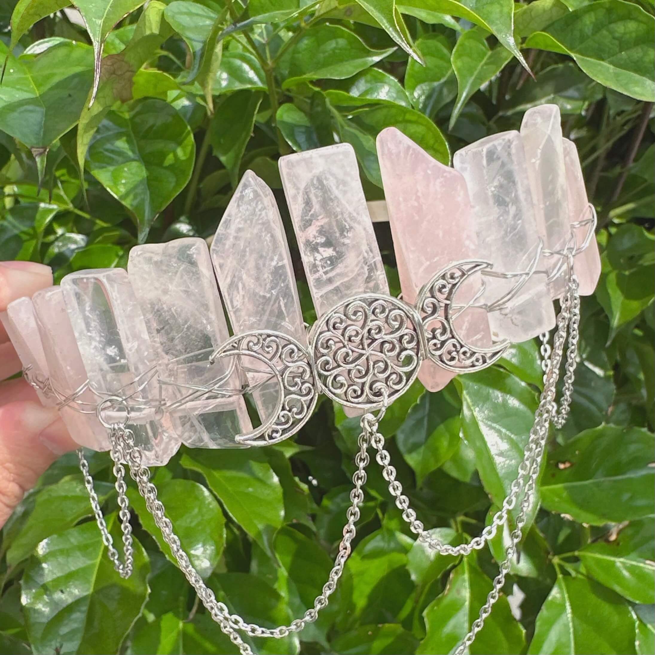 Rose Quartz Crystal Wicca Crown Headband featuring crescent moons and detailed design