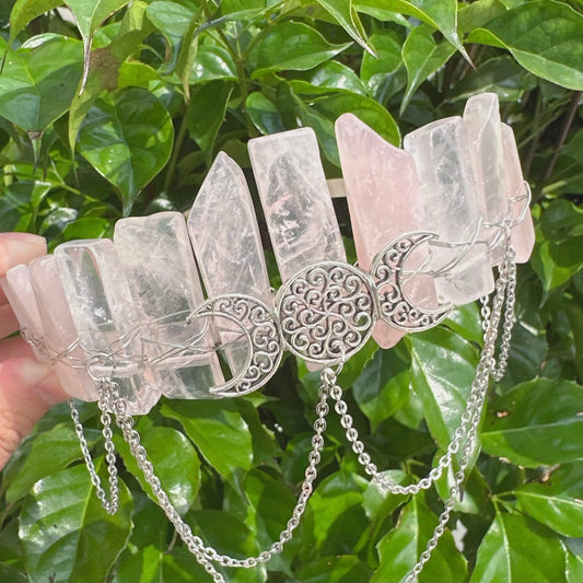 Rose Quartz Crystal Wicca Crown Headband featuring crescent moons and detailed design