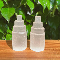 Set of Selenite Towers with a clear and polished texture, ideal for creating peaceful and calming environments.