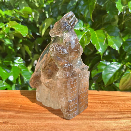 Full view of the Smoky Quartz Dragon Carving with an intricate design and crystal features.