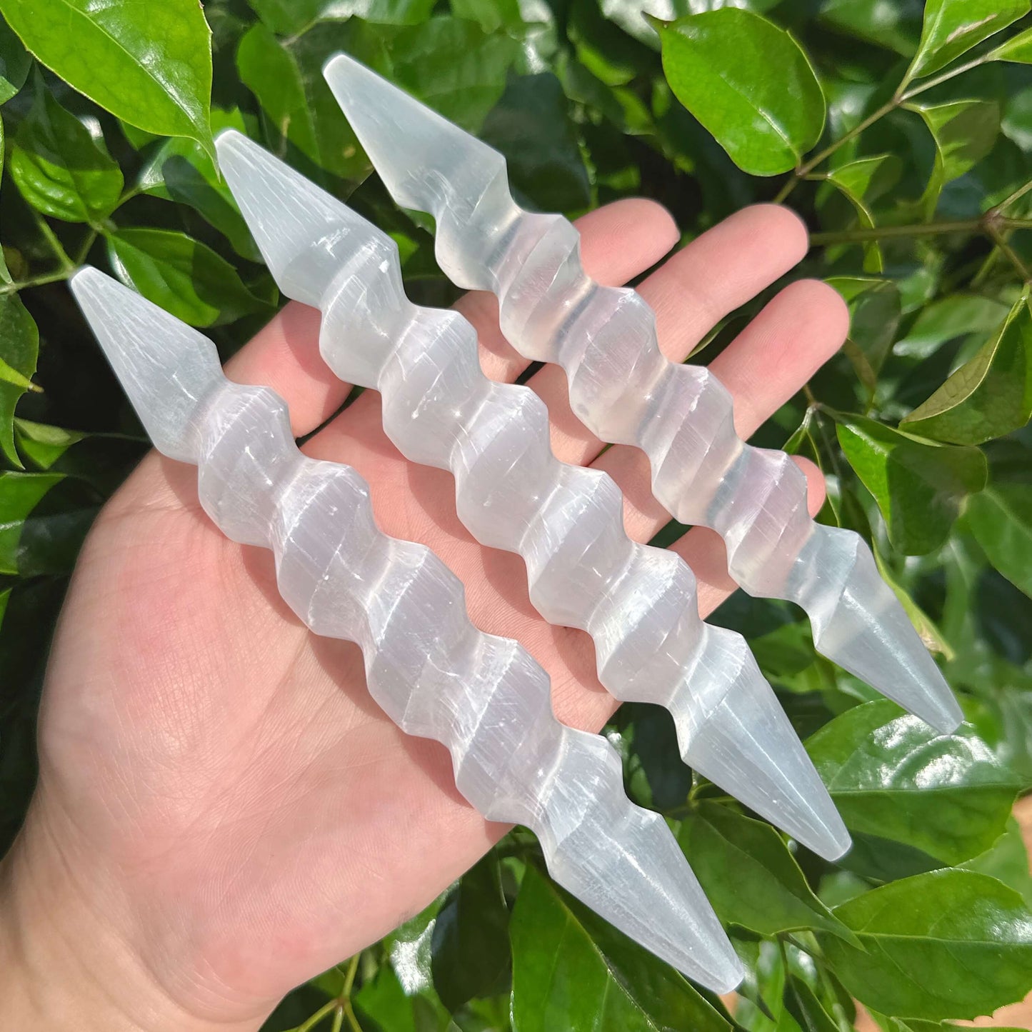 Spiral Selenite Wand showcasing smooth, elegant layers for energy healing.