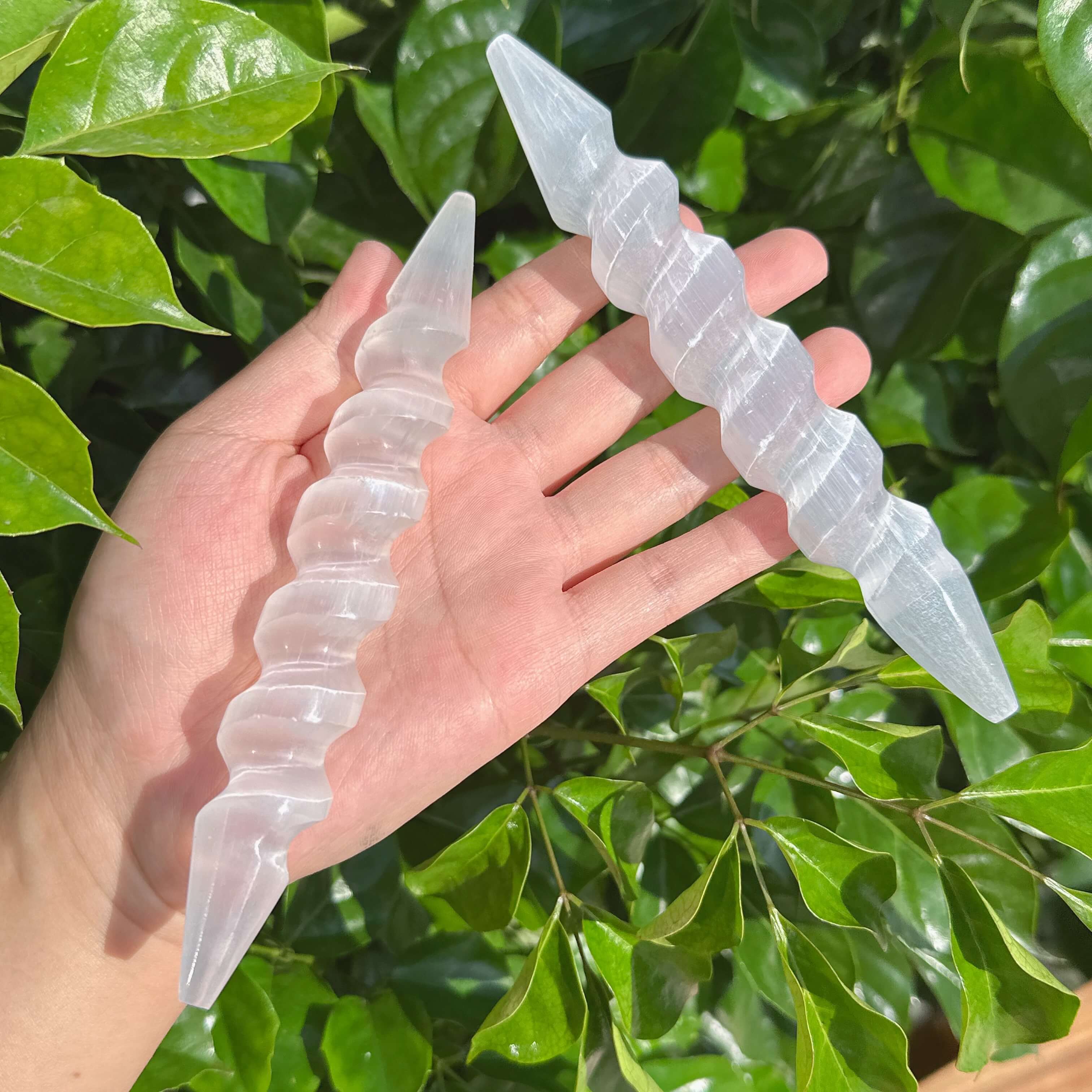 Spiral Selenite Wand with multiple layers designed for spiritual use and aesthetic appeal.
