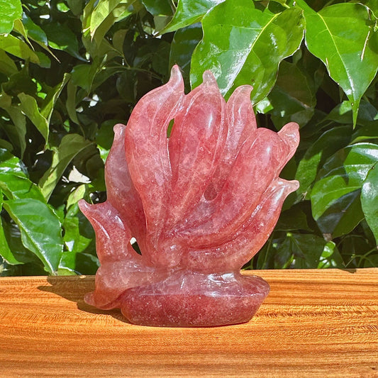 Back view of the Strawberry Quartz Nine-Tailed Fox Carving, featuring a detailed fox with its signature tails.