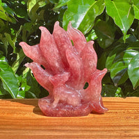Front view of Strawberry Quartz Nine-Tailed Fox Carving, showcasing its intricate details and soft pink tones.