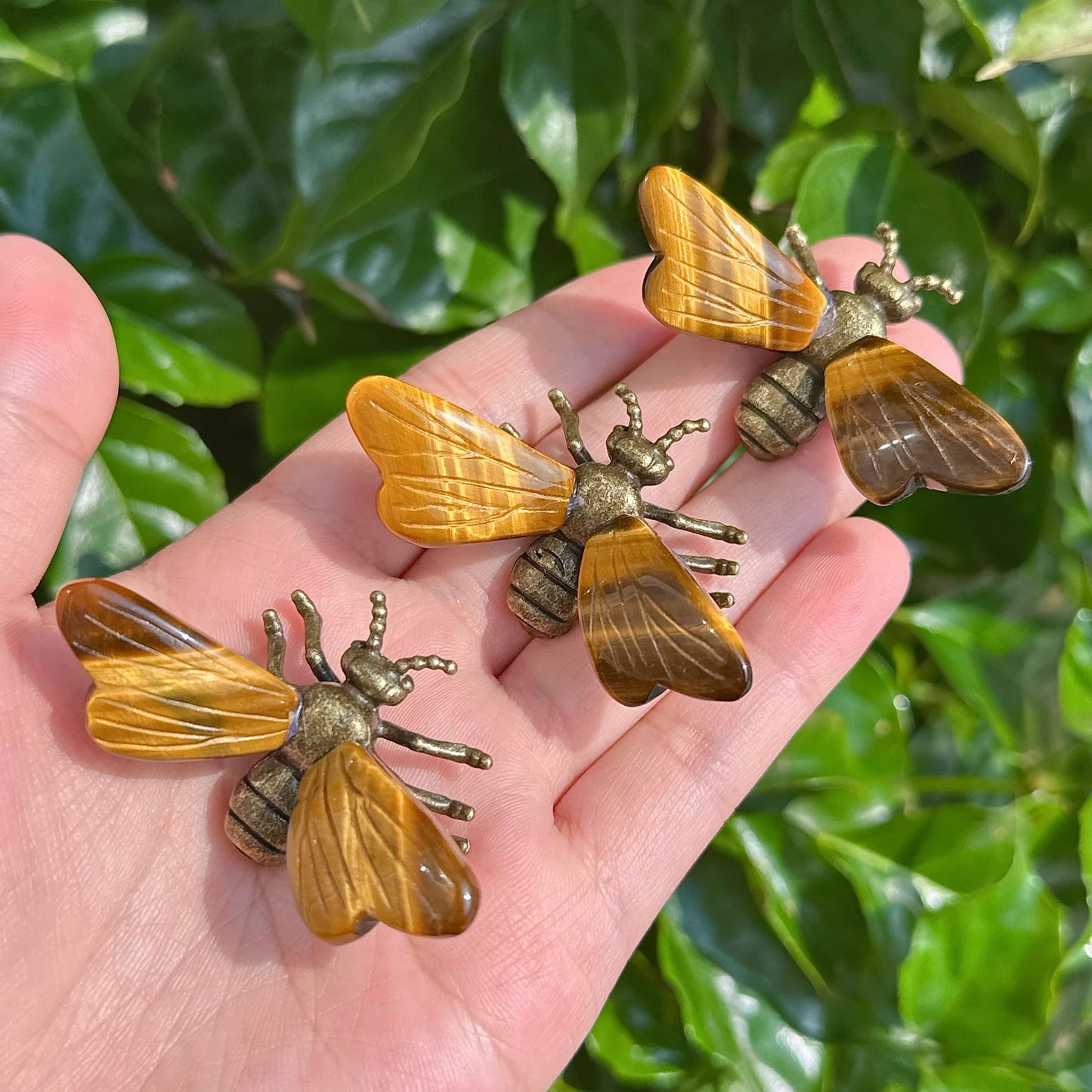 Tiger Eye Bee featuring natural stone wings with bronze detailing.