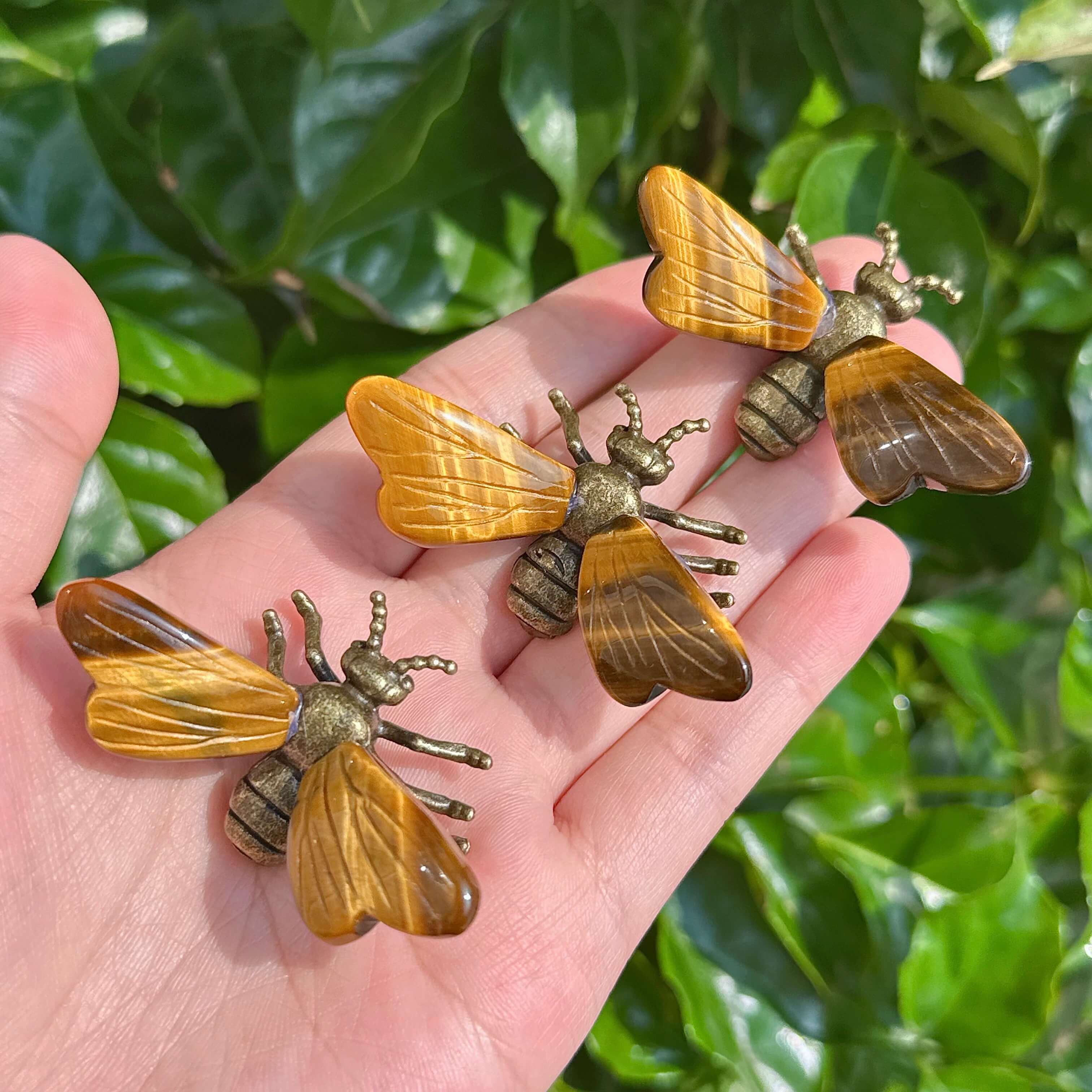 Tiger Eye Bee featuring natural stone wings with bronze detailing.