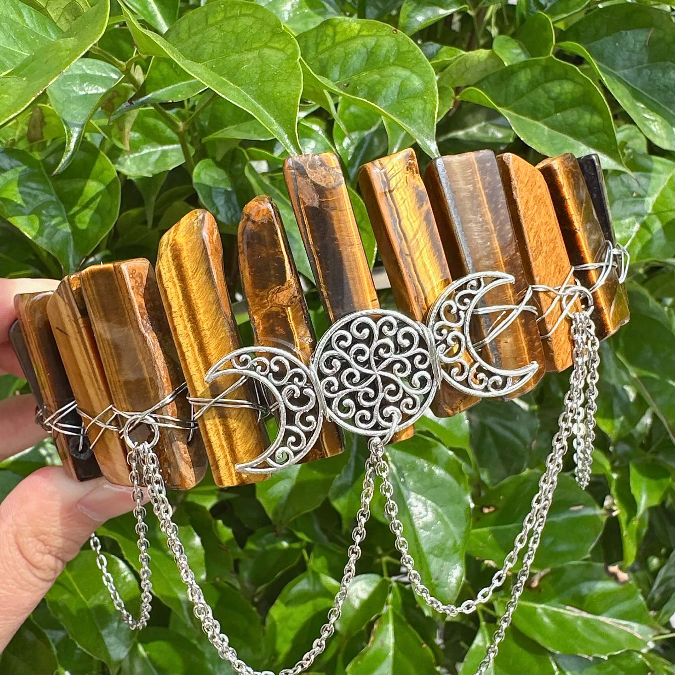 Tiger's Eye Crystal Wicca Crown Headband with intricate crescent moon design
