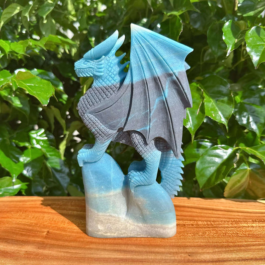 Trolleite Dragon Carving showcasing the detailed dragon sculpture with vibrant blue and grey tones.