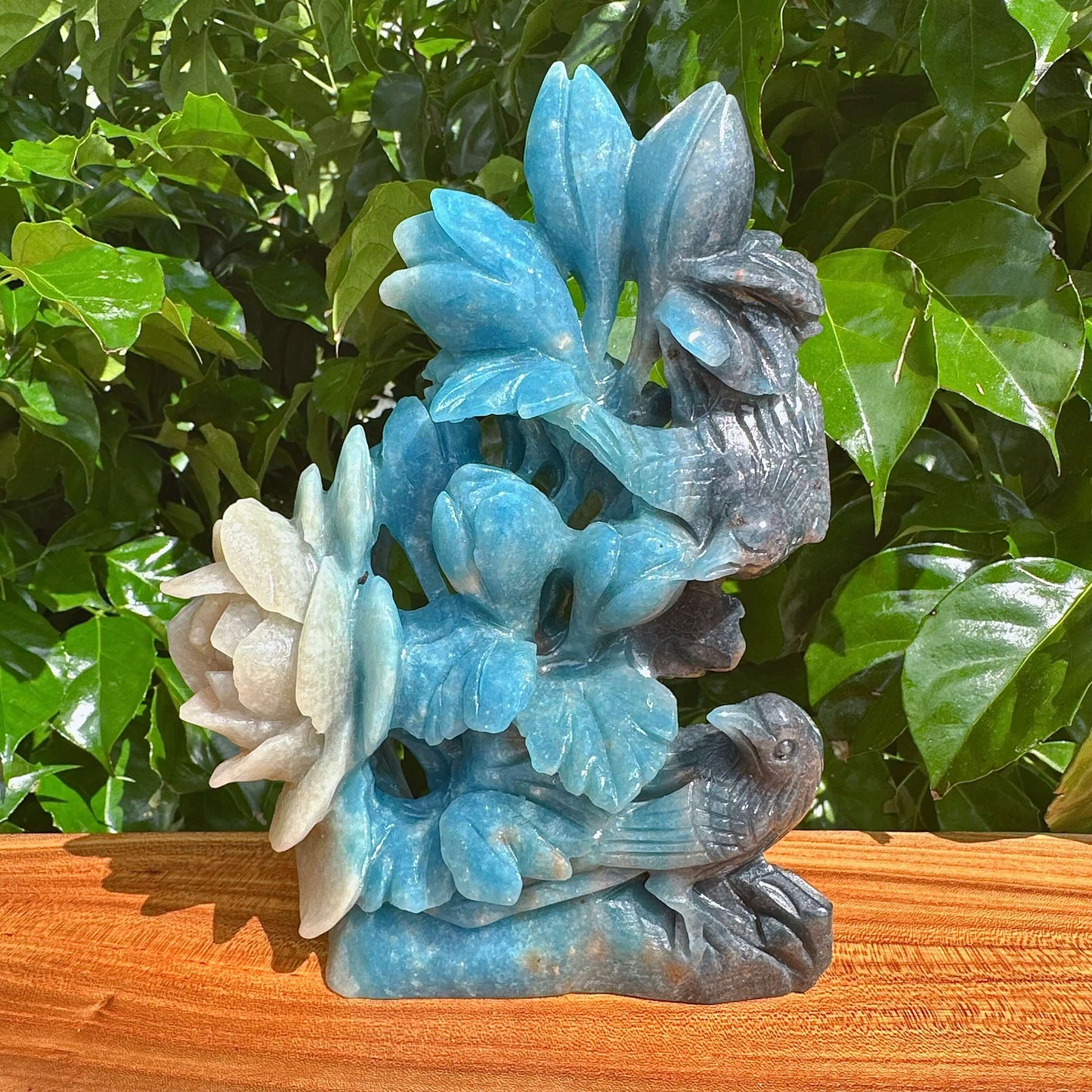 Front view of the Trolleite Flower and Bird Carving, showcasing intricate floral and bird details with a soothing color palette.