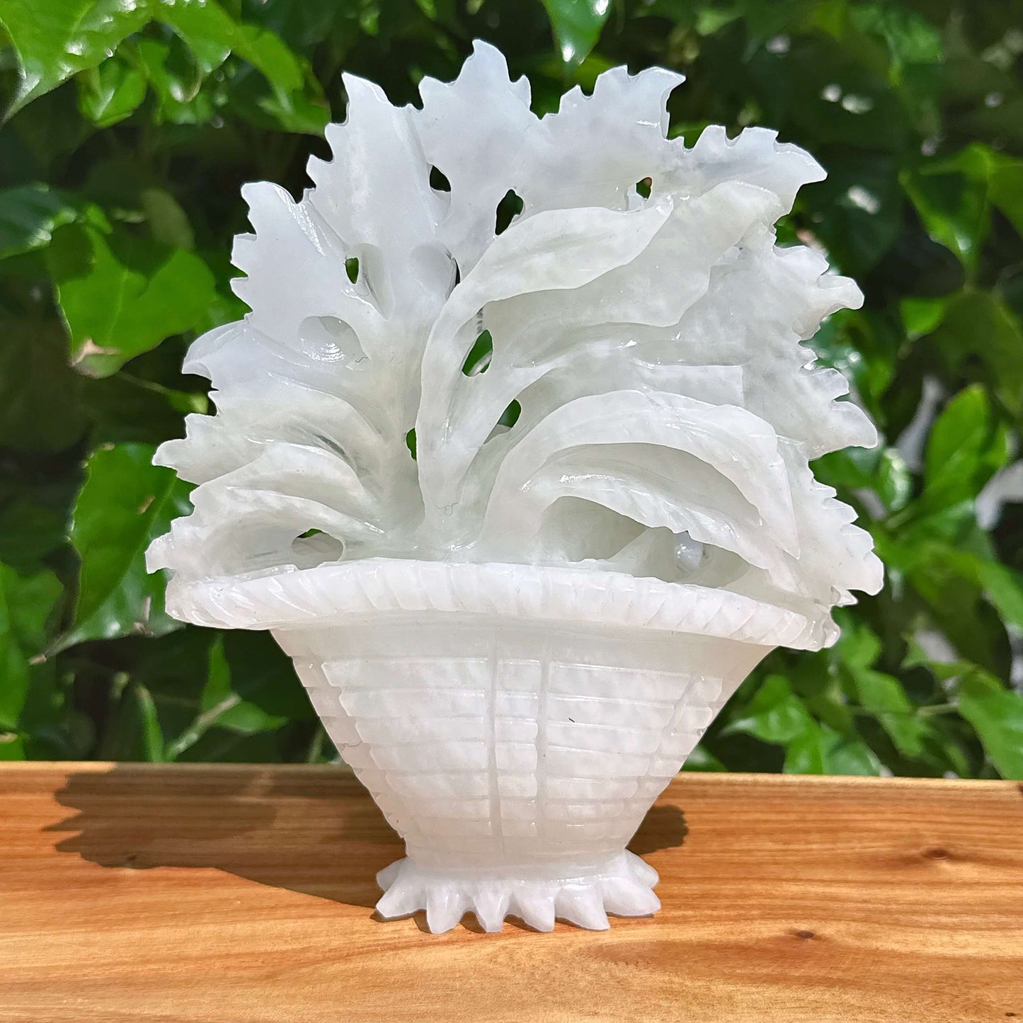 Beautifully detailed White Jade Flower Basket Carving with floral accents