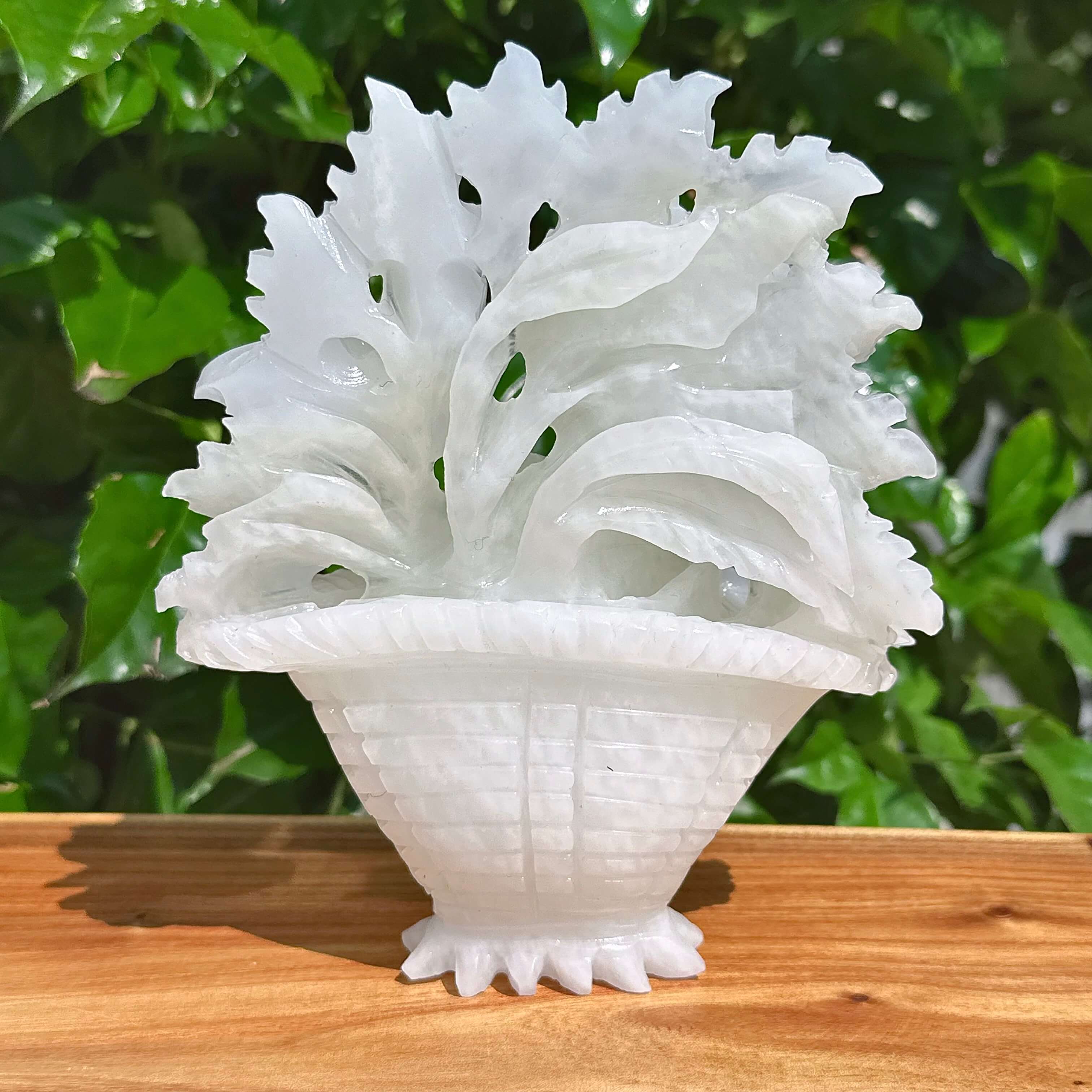 Beautifully detailed White Jade Flower Basket Carving with floral accents