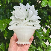 Elegant White Jade Flower Basket Carving with soft white hues and detailed design