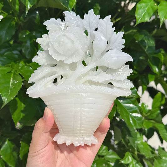 Elegant White Jade Flower Basket Carving with soft white hues and detailed design