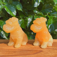 Angled view of Yellow Calcite Schnauzer Dog Carving, emphasizing its detailed shape.